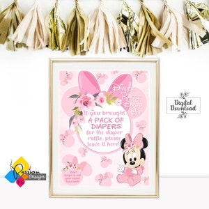 Stampabile Baby MINNIE MOUSE pannolino lotteria segno e carte regalo. MINNIE Baby Shower Pannolino Lotteria Poster e biglietti del gioco. Download istantaneo