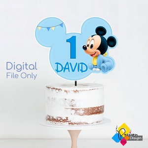 Topper per torta di compleanno stampabile di Topolino. Topper per torta con nome ed età personalizzati. Topper per torta di compleanno di Topolino fai da te. Centrotavola di Topolino