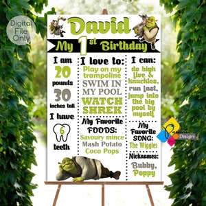 Tabellone Milestone SHREK stampabile. Cartello Milestone SHREK verde grigio nero per il primo compleanno. Poster personalizzato per la festa di compleanno di Shrek