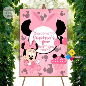 Tablero de bienvenida del primer cumpleaños de MINNIE MOUSE imprimible. Signo de bienvenida personalizado de Minnie Mouse Pink Cake. Decoración digital de la fiesta del cartel de Minnie Mouse