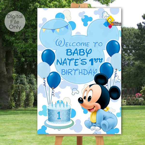 Printable MICKEY MOUSE First Birthday Welcome Board. Custom Mickey Mouse Welcome Sign. Digital Mickey Mouse Poster. Mickey Mouse Birthday