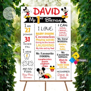 Tabellone per pietre miliari stampabile TOPOLINO. Segno di pietra miliare giallo rosso del primo compleanno Topolino. Poster di compleanno di Topolino personalizzato