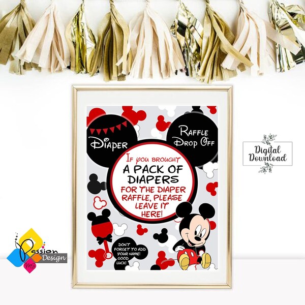 Printable Baby MICKEY MOUSE Diaper Raffle Kit. Baby Shower Diaper Raffle Game Poster. Red Mickey Mouse Baby Sign & Tickets. Instant Download