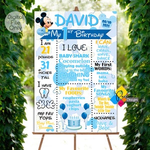 MICKEY MOUSE Meilensteintafel zum Ausdrucken. Erster Geburtstag Micky Maus Blau Gelb Meilenstein Schild. Personalisiertes Micky Maus Geburtstagsposter