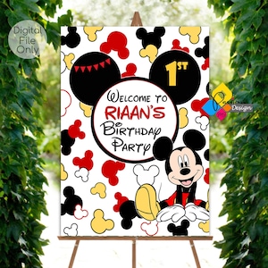 Imprimible MICKEY MOUSE Birthday Welcome Board ROJO Negro Amarillo. Cartel de bienvenida personalizado de Mickey Mouse. Póster digital de Mickey Mouse. Fiesta de Mickey