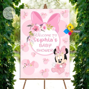 Lavagna di benvenuto stampabile MINNIE MOUSE. Segno di benvenuto personalizzato Baby Minnie Mouse. Poster digitale di Minnie Mouse. Rosa confetto e fiori
