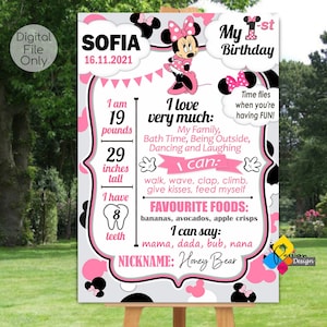 Printable MINNIE MOUSE Milestone Board. First Birthday Minnie Mouse Pink Milestone Sign. Personalized Minnie Mouse Poster for First Birthday
