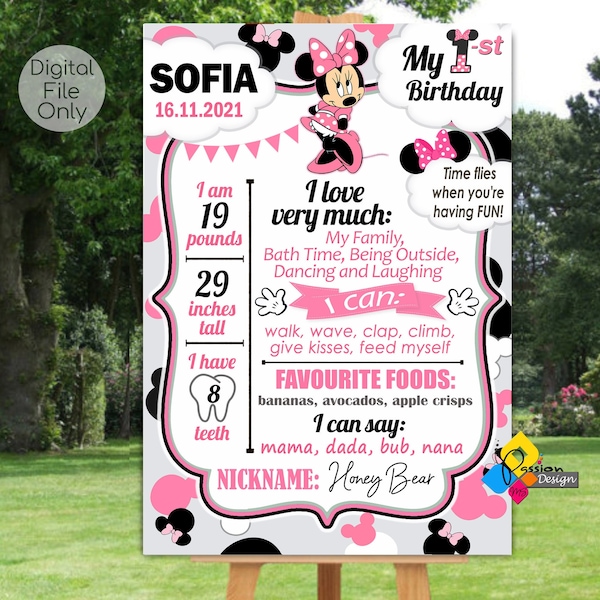 Printable MINNIE MOUSE Milestone Board. First Birthday Minnie Mouse Pink Milestone Sign. Personalized Minnie Mouse Poster for First Birthday