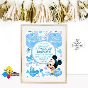 Kit de Rifa de Pañales de MICKEY MOUSE Bebé Imprimible. Afiche del juego de rifa de pañales para baby shower. Boleto y letrero de bebé de Mickey Mouse azul. Descarga instantánea