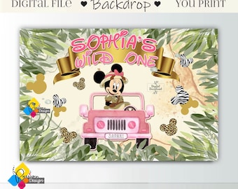 Printable MINNIE MOUSE Safari Birthday Backdrop. CUSTOM Minnie Mouse Wild One Safari Party Background. Minnie Mouse Birthday Banner 12'x8'
