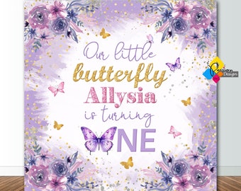 Printable Our Little BUTTERFLY is Turning One Pink Purple Backdrop. First Birthday Girl Party Decor. Personalized Butterfly Digital Banner