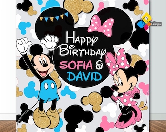 Fondo de cumpleaños imprimible de MICKEY y MINNIE Mouse. Decoración de fiesta personalizada de Mickey y Minnie en azul y rosa. Pancarta de cumpleaños de Mickey y Minnie Mouse