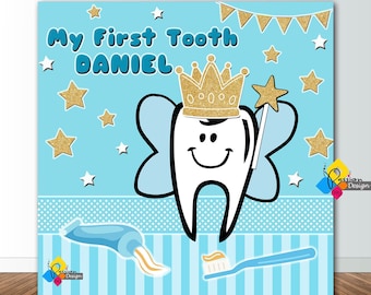 Imprimible Mi primer telón de fondo azul diente. Decoración de la fiesta de cumpleaños. Hada de los dientes corona bandera de cumpleaños. Antecedentes personalizados de First Tooth Party
