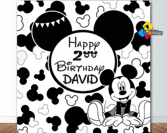 Toile de fond d’anniversaire monochrome MICKEY MOUSE imprimable. CUSTOM Mickey Mouse Noir Blanc Party Décor. Bannière de fête d’anniversaire de Mickey Mouse