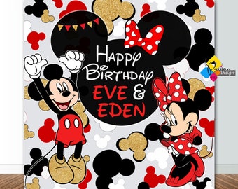 Printable MICKEY And MINNIE Mouse Birthday Backdrop. CUSTOM Mickey And Minnie Mouse Party Decor. Mickey And Minnie Mouse Red Birthday Banner