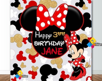 Printable MINNIE MOUSE Birthday Backdrop. CUSTOM Minnie Mouse Red Gold Black Party Decoration. Minnie Mouse Birthday 6,5'x6,5' Party Banner