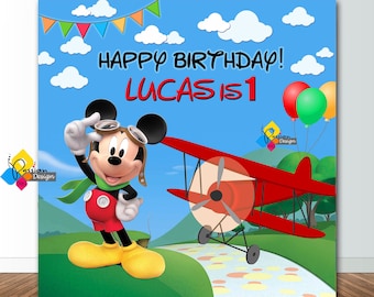 Printable MICKEY MOUSE Pilot Birthday Backdrop. CUSTOM Mickey Mouse Party Decoration. Mickey Mouse Birthday Party Banner. Digital Download