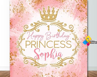 Printable PRINCESS Pink Gold Backdrop. Princess Birthday Party Decoration. Custom Princess Crown Banner. Pink Gold Glitter Theme Background