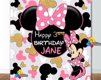 Cenário de aniversário da MINNIE MOUSE para impressão. Decoração de festa PERSONALIZADA da Minnie Mouse Rosa Dourado Preto. Banner de festa de aniversário da Minnie Mouse 6,5'x6,5'