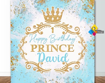 Printable PRINCE Pastel Blue Gold Backdrop. Prince Birthday Party Decoration. Custom Prince Crown Banner. Blue Gold Glitter Theme Background