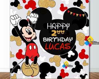 Printable MICKEY MOUSE Birthday Backdrop. CUSTOM Mickey Mouse Red Gold Black Party Decoration. Mickey Mouse Birthday 6,5'x6,5' Party Banner