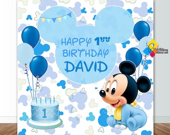 Printable MICKEY MOUSE Birthday Backdrop. CUSTOM Mickey Mouse Baby Blue Party Decoration. Mickey Mouse Birthday 6,5x6,5 Feet Party Banner