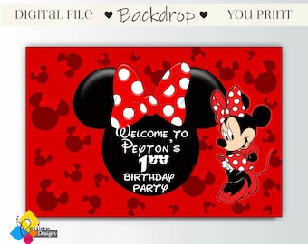 Printable MINNIE MOUSE Birthday Backdrop. CUSTOM Minnie Mouse Red And Black Party Decoration. Minnie Mouse Birthday 4'x6' Party Banner