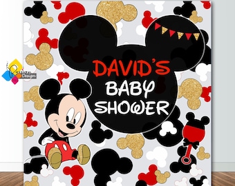 Fondo de Baby Shower de MICKEY MOUSE para imprimir. Decoración de fiesta personalizada Mickey Mouse rojo oro negro. Banner de fiesta de Baby Shower de Mickey Mouse de bebé