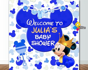 Fondo de Baby Shower de MICKEY MOUSE para imprimir. Decoración de fiesta azul real de Mickey Mouse personalizada. Banner de fiesta de Baby Shower de Mickey Mouse bebé