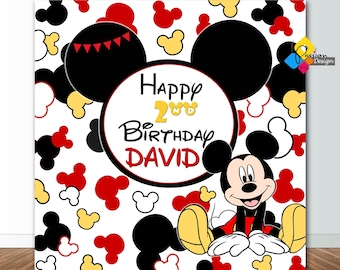 Fondo de cumpleaños de MICKEY MOUSE imprimible. PERSONALIZADO Mickey Mouse Rojo Negro Amarillo Decoración de fiesta. Mickey Mouse Birthday 6x6 Feet Party Banner