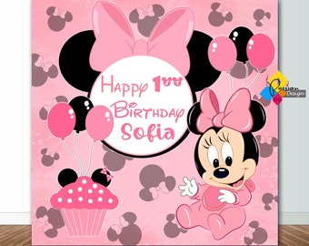 Ausdruckbare rosa MINNIE MAUS Geburtstag Kulisse. CUSTOM Minnie Mouse Pink Party Dekoration. Minnie Mouse Erster Geburtstag 16,5'x 16,5' Party Banner