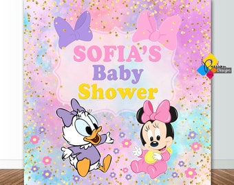 Pano de fundo para chá de bebê do bebê MINNIE MOUSE e do bebê Daisy Duck para impressão. Banner personalizado da Minnie e Margarida. Fundo de festa do bebê Minnie e Daisy