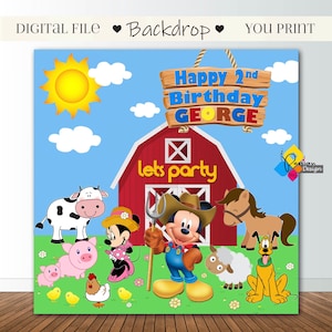 Printable MICKEY And MINNIE Mouse Farm Birthday Backdrop. CUSTOM Mickey And Minnie Mouse Party Banner. Mickey Mouse Farm Birthday Background