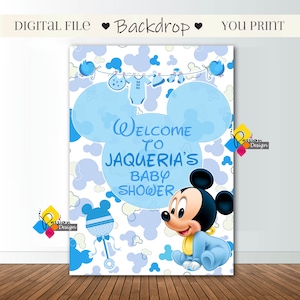 Fondo de Baby Shower de MICKEY MOUSE para imprimir. Pancarta personalizada de Mickey Mouse para baby shower. Fondo digital de Mickey Mouse Fiesta de bebé de Mickey Mouse