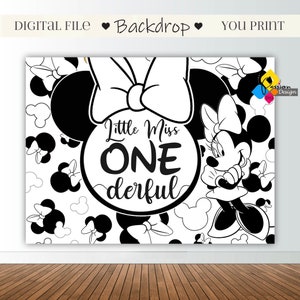 May include: Black and white printable backdrop featuring a cartoon Minnie Mouse with the text "Little Miss One-derful". The backdrop is decorated with a polka dot pattern.
