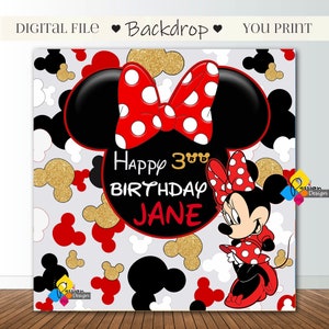 Printable MINNIE MOUSE Birthday Backdrop. CUSTOM Minnie Mouse Red Gold Black Party Decoration. Minnie Mouse Birthday 6,5&#39;x6,5&#39; Party Banner