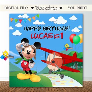 Printable MICKEY MOUSE Pilot Birthday Backdrop. CUSTOM Mickey Mouse Party Decoration. Mickey Mouse Birthday Party Banner. Digital Download