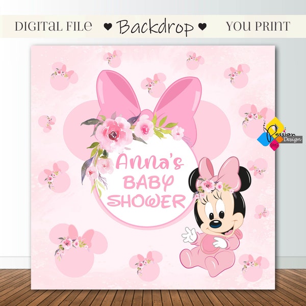 Printable Baby MINNIE MOUSE Baby Shower Backdrop. Custom Minnie Mouse Pink Flowers Banner. Baby Minnie Mouse  Baby Shower Party Background