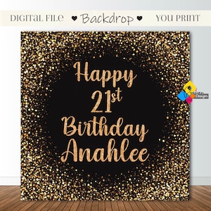Fondo imprimible con destellos negros y dorados. Banner decorativo para fiestas de aniversario, cumpleaños y graduación. Fondo personalizado con destellos negros y dorados