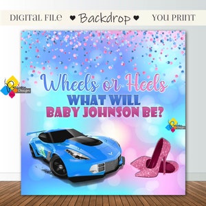Könnte beinhalten: Ein Gender Reveal Hintergrund mit einem blauen Sportwagen und pinken High Heels. Der Text lautet "Räder oder High Heels Was wird Baby Johnson sein?"