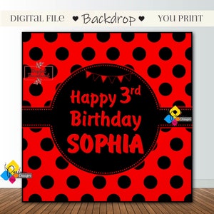 May include: Red and black polka dot backdrop with a black circle in the center. The circle has white text that says "Happy 3rd Birthday SOPHIA".