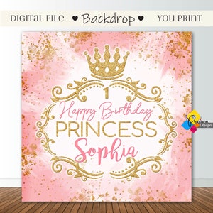 Printable PRINCESS Pink Gold Backdrop. Princess Birthday Party Decoration. Custom Princess Crown Banner. Pink Gold Glitter Theme Background