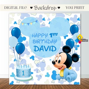 Printable MICKEY MOUSE Birthday Backdrop. CUSTOM Mickey Mouse Baby Blue Party Decoration. Mickey Mouse Birthday 6,5x6,5 Feet Party Banner