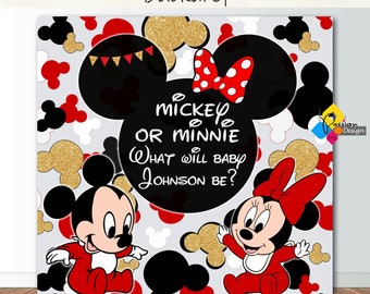 Printable Mickey Or Minnie Mouse Red GENDER REVEAL Backdrop. Boy or Girl / He or She Party Digital Background. Custom Gender Reveal Banner