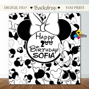 Printable MINNIE MOUSE Monochrome Birthday Backdrop. CUSTOM Minnie Mouse Black White Party Decor. Minnie Mouse Birthday Party Banner