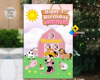 Printable MINNIE Mouse Farm PINK Birthday Welcome Board. CUSTOM Minnie Mouse Farm Barn Party Sign. Minnie Mouse Farm Birthday Pink Poster