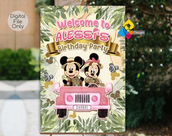 Printable MICKEY And MINNIE Mouse Safari Jeep GIRL Birthday Welcome Board. Custom Mickey Minnie Party Sign. Mickey Minnie Birthday Poster