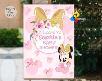 Printable MINNIE MOUSE Baby Shower Welcome Board. Custom Baby Minnie Mouse Welcome Sign. Digital Minnie Mouse Poster. Pink, Gold and Flowers