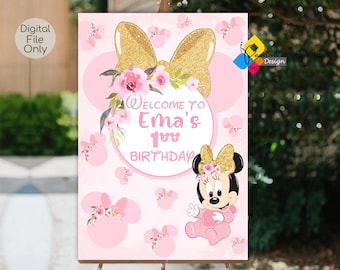 Printable MINNIE MOUSE Birthday Welcome Board. Custom Minnie Mouse Pink Flowers Gold Ribbon Welcome Sign. Digital Minnie Mouse  Party Poster