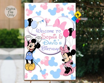 Printable MICKEY And MINNIE Mouse Birthday Welcome Board. CUSTOM Mickey And Minnie Mouse Party Sign. Mickey Minnie Mouse Pink Blue Poster